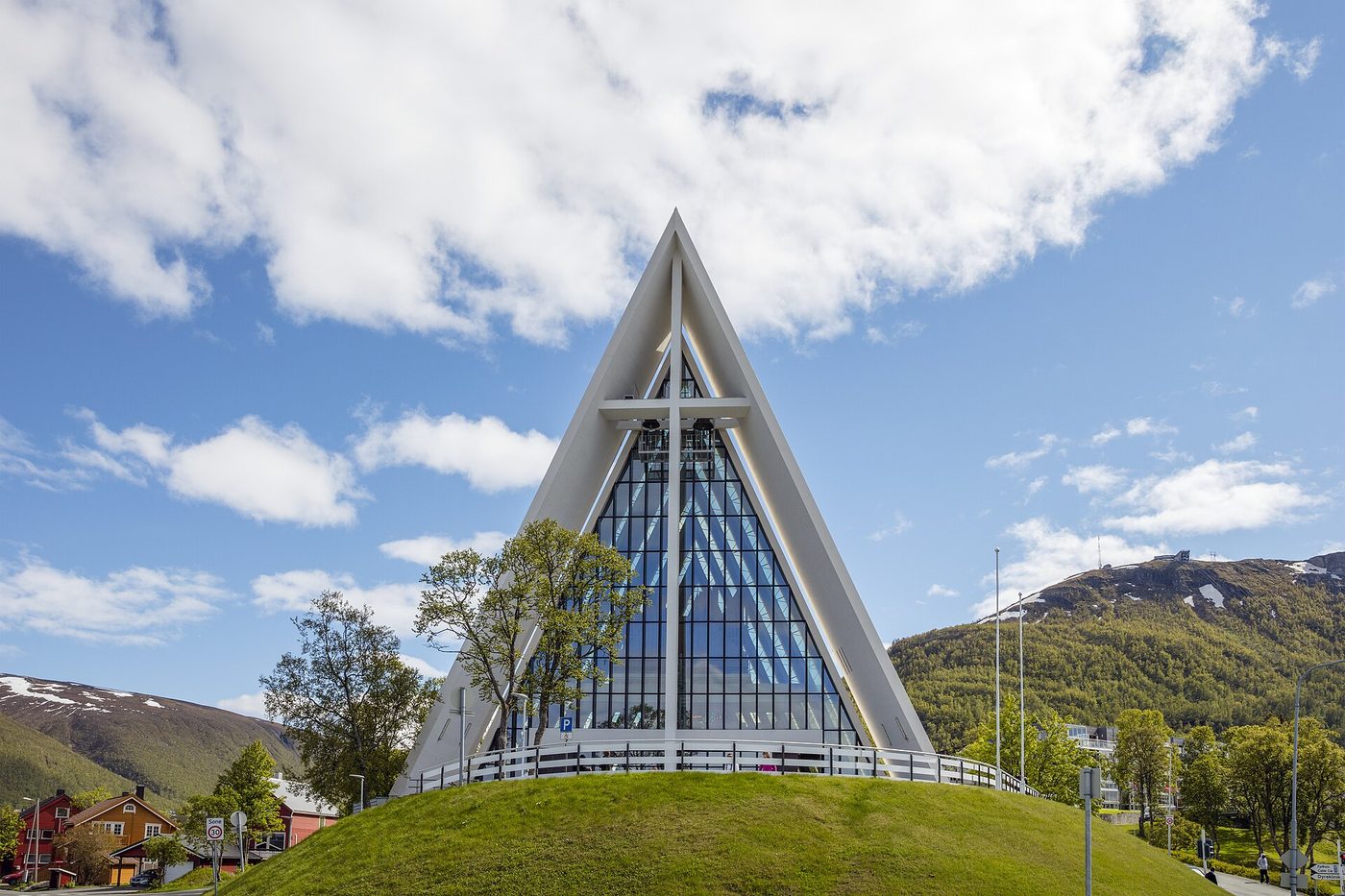 The triangular white Arctic Cathedral (Ishavskatedralen) in Tromsø, Norway