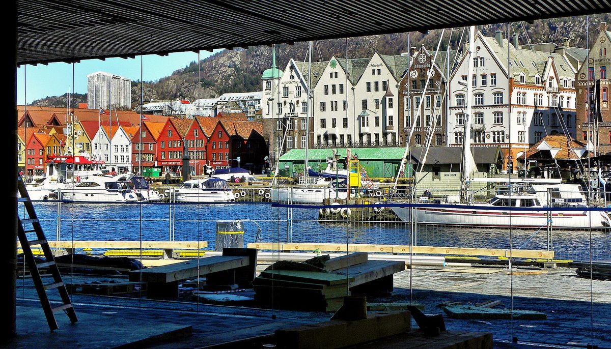 Bergen's colorful Bryggen wharf and harbour seen across the water