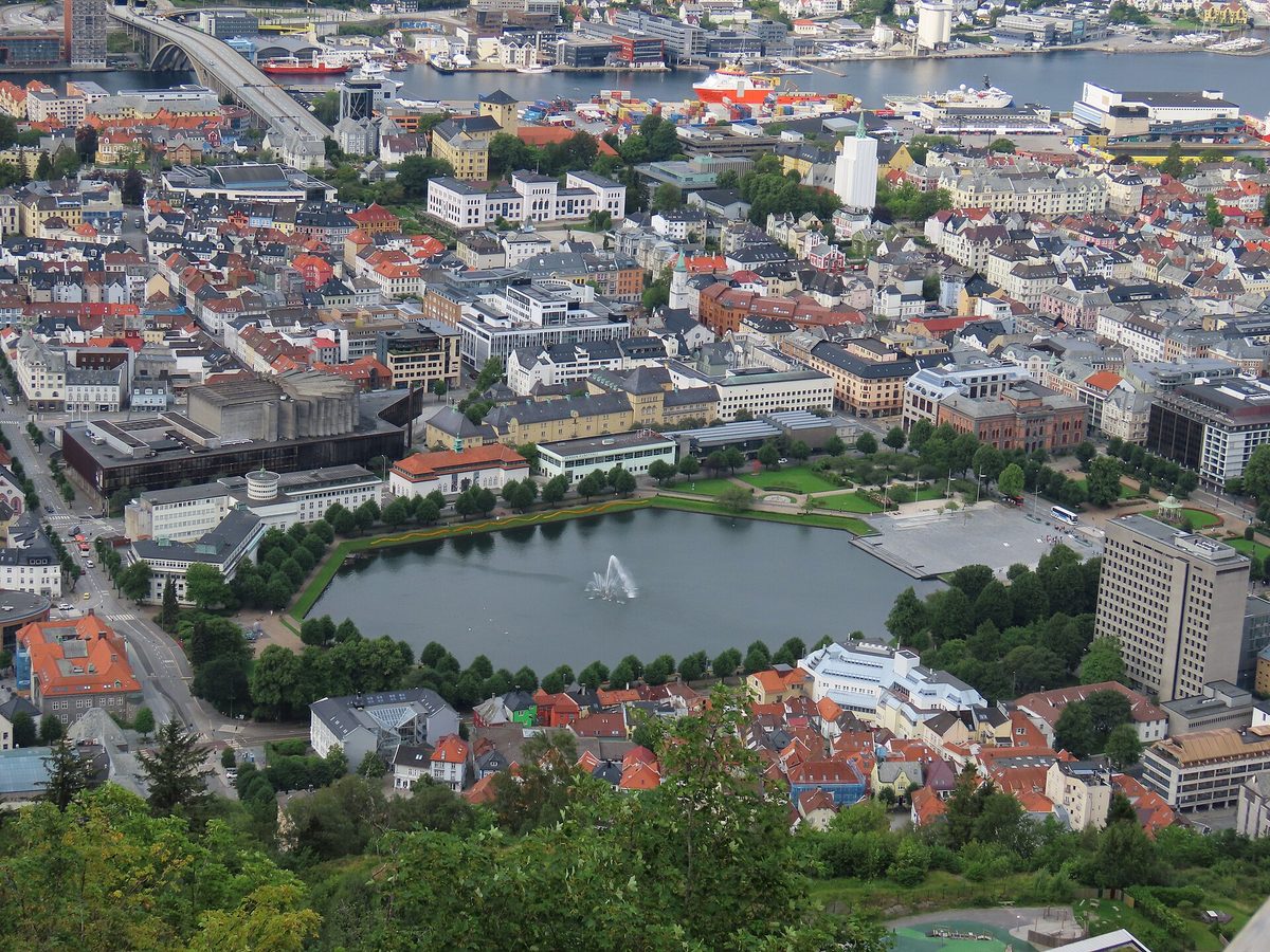 Panoramic view over Bergen and its harbour from the top of Mount Floyen