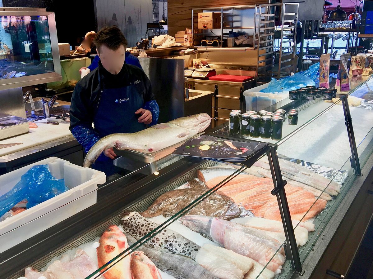 Fresh seafood on display at Bergen's Fish Market (Fisketorget)
