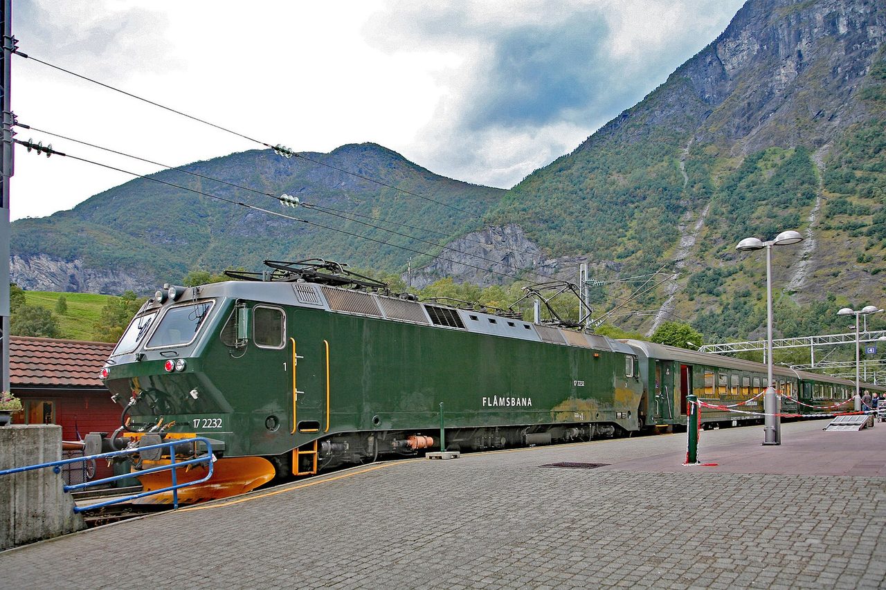 The Flam Railway descending through the mountains toward the fjord