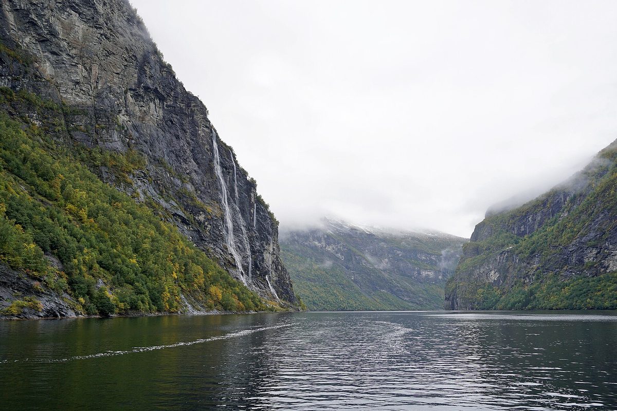 Seven Sisters waterfall plunging into the Geirangerfjord