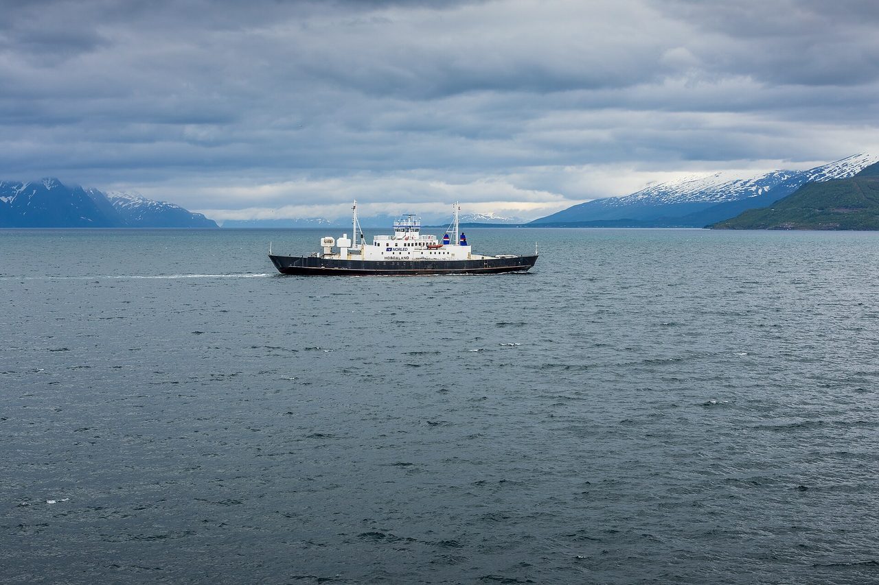 A car ferry crossing a Norwegian fjord, a routine part of any road trip