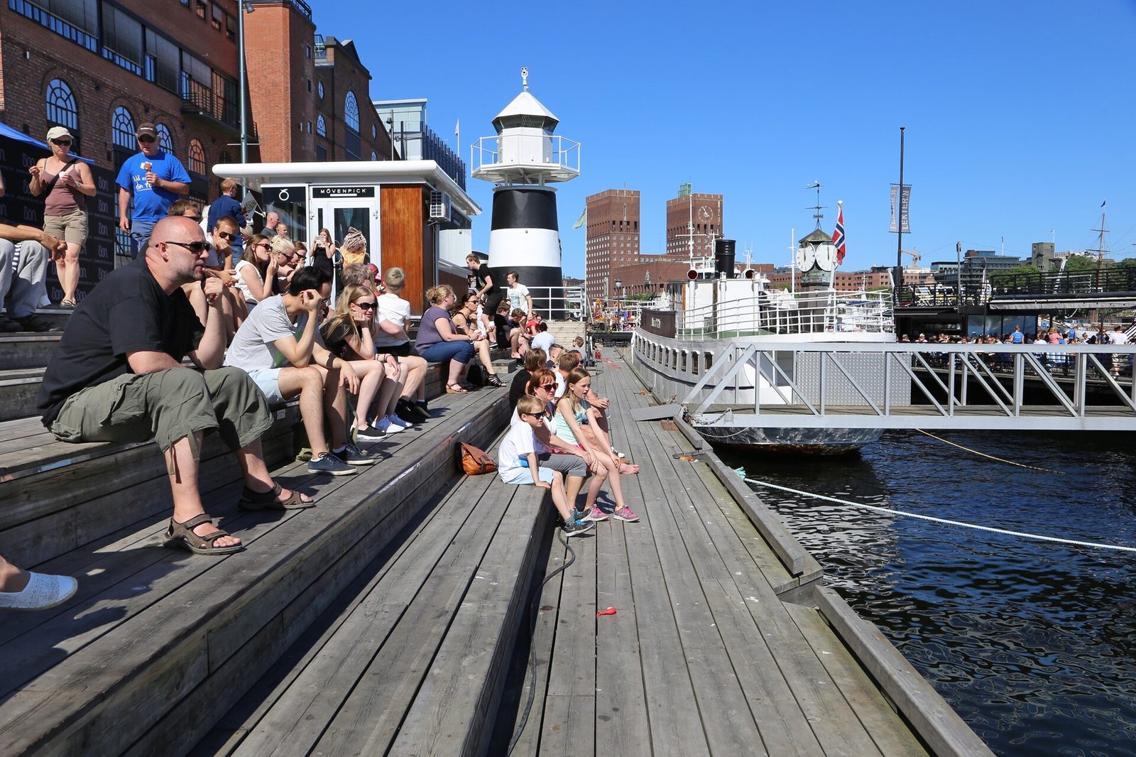 People relaxing on the Aker Brygge waterfront in central Oslo, with the City Hall behind