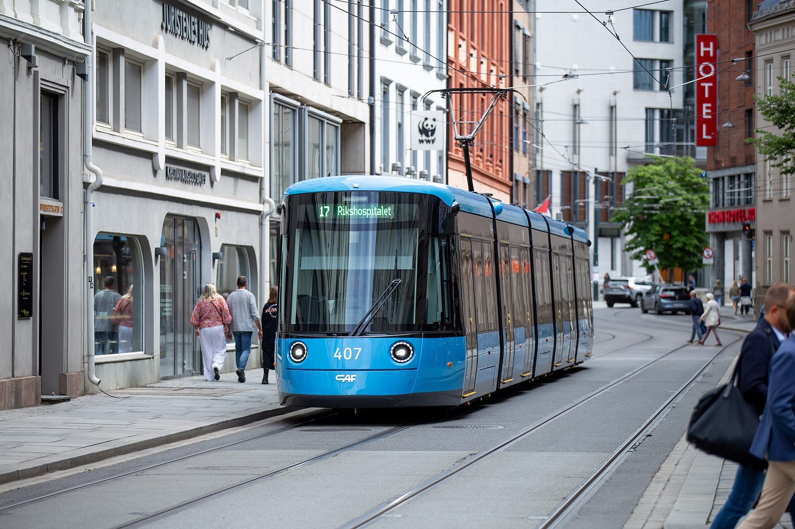 A modern tram in central Oslo
