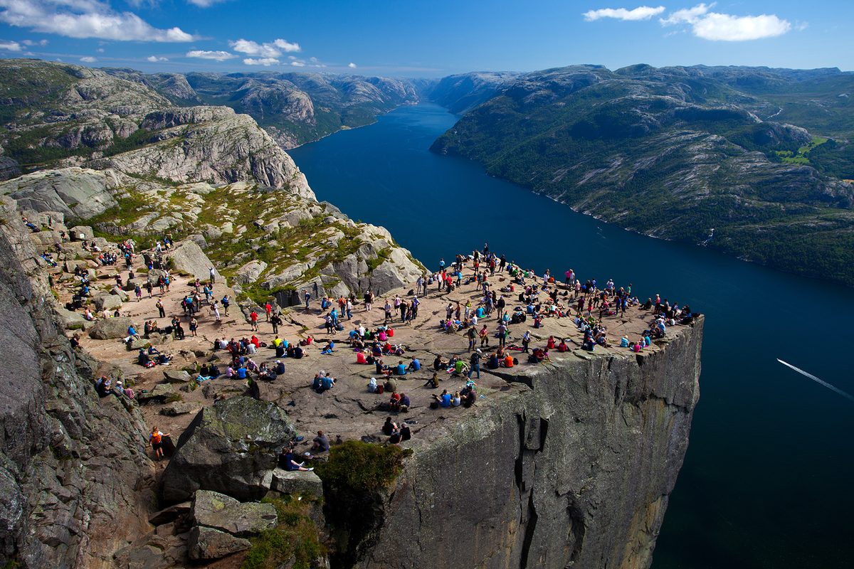 Preikestolen (Pulpit Rock) towering 604 metres above the Lysefjord near Stavanger — the most famous of all things to do in Stavanger