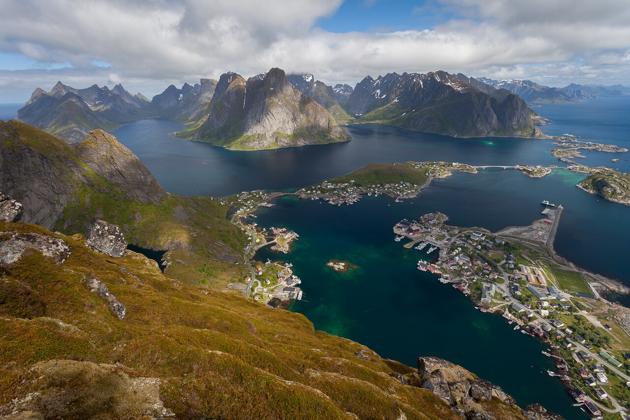 View from Reinebringen over Reine village and the turquoise channels of the Lofoten Islands