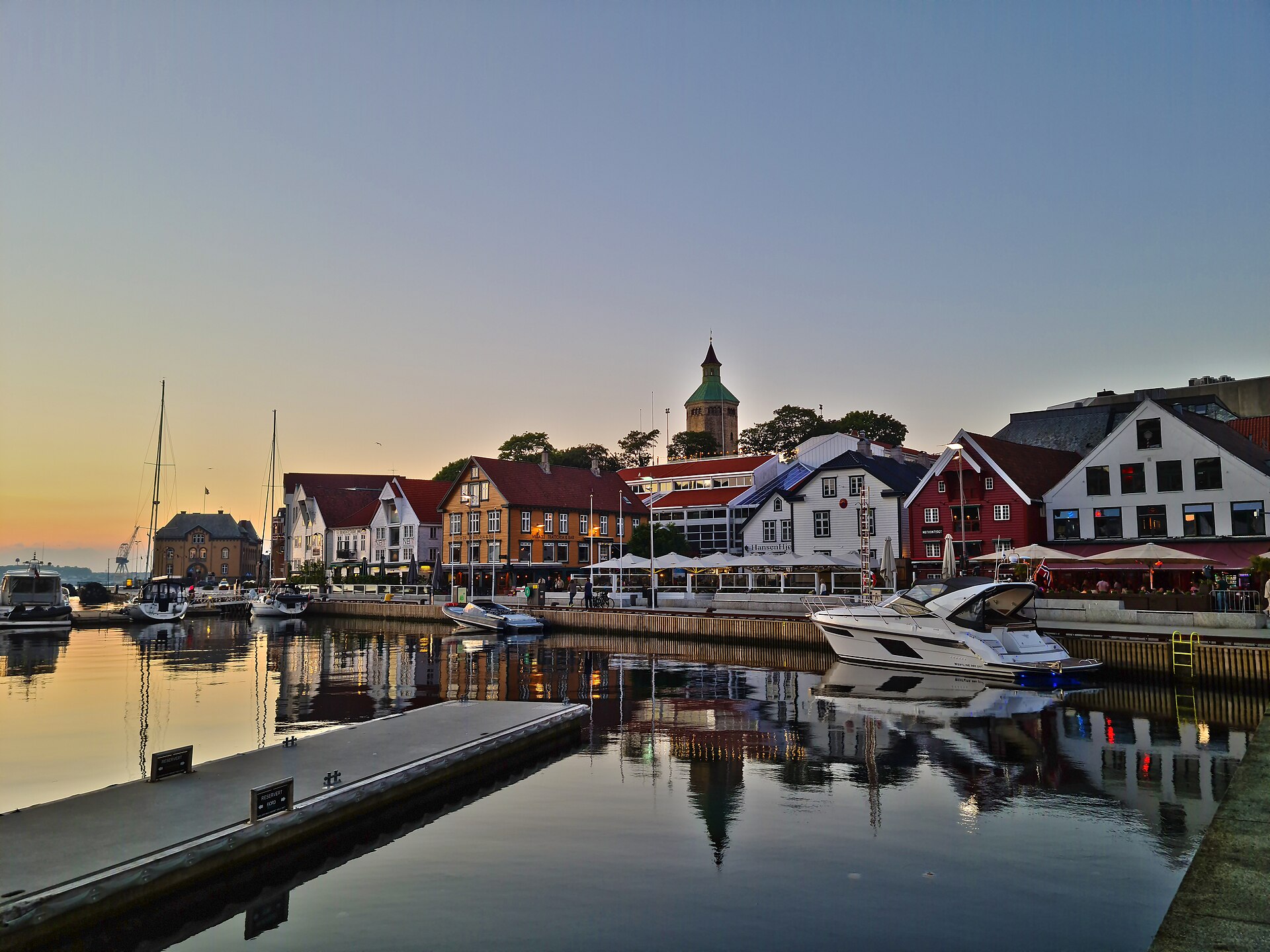 Vagen harbour in central Stavanger with historic wharf houses along Skagenkaien