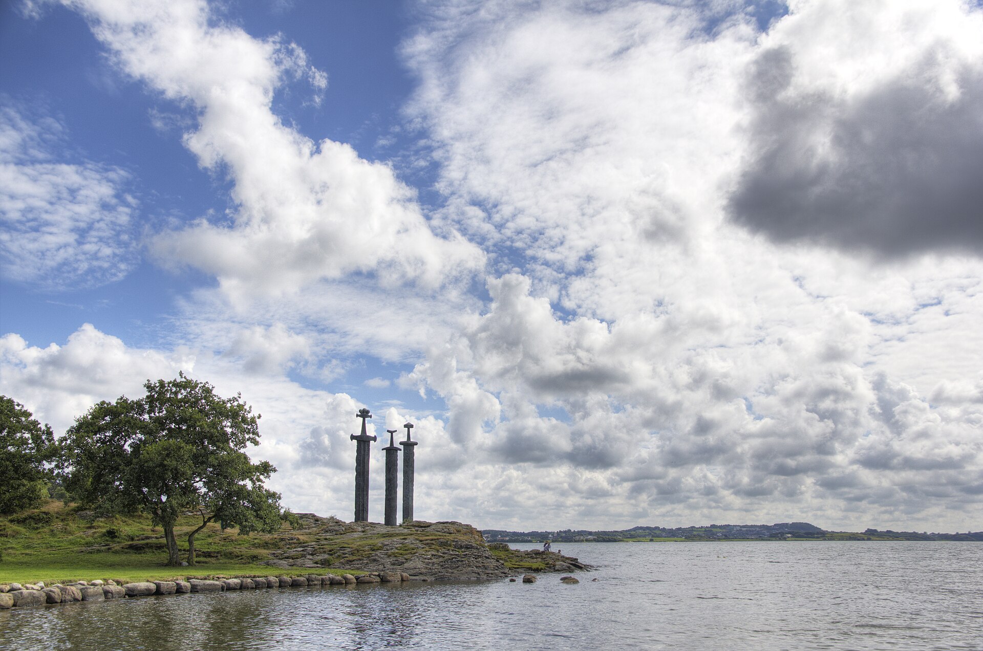 The three bronze swords of the Sverd i fjell monument at Hafrsfjord near Stavanger
