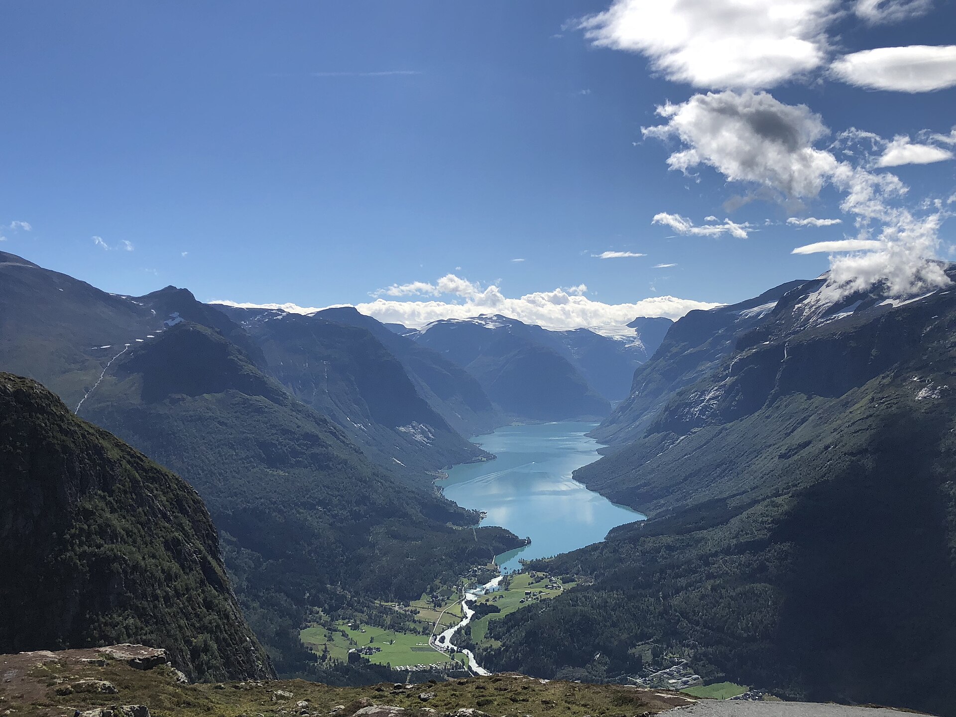 The turquoise glacial water of Lovatnet seen from the Hoven viewpoint above Loen, western Norway