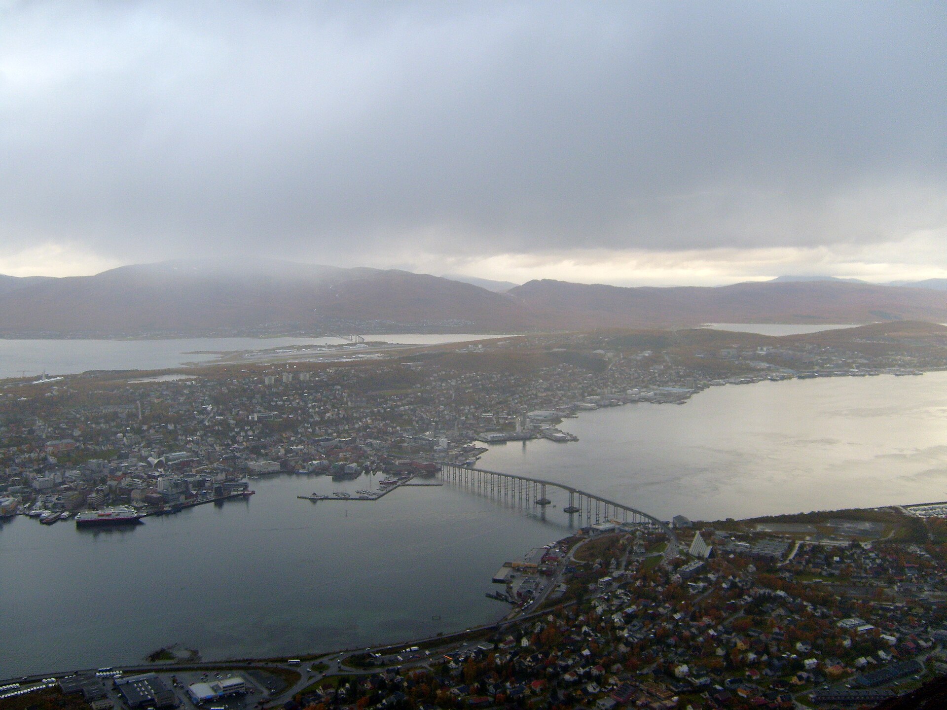 The city of Tromsø and its island seen from the Fjellheisen cable car viewpoint