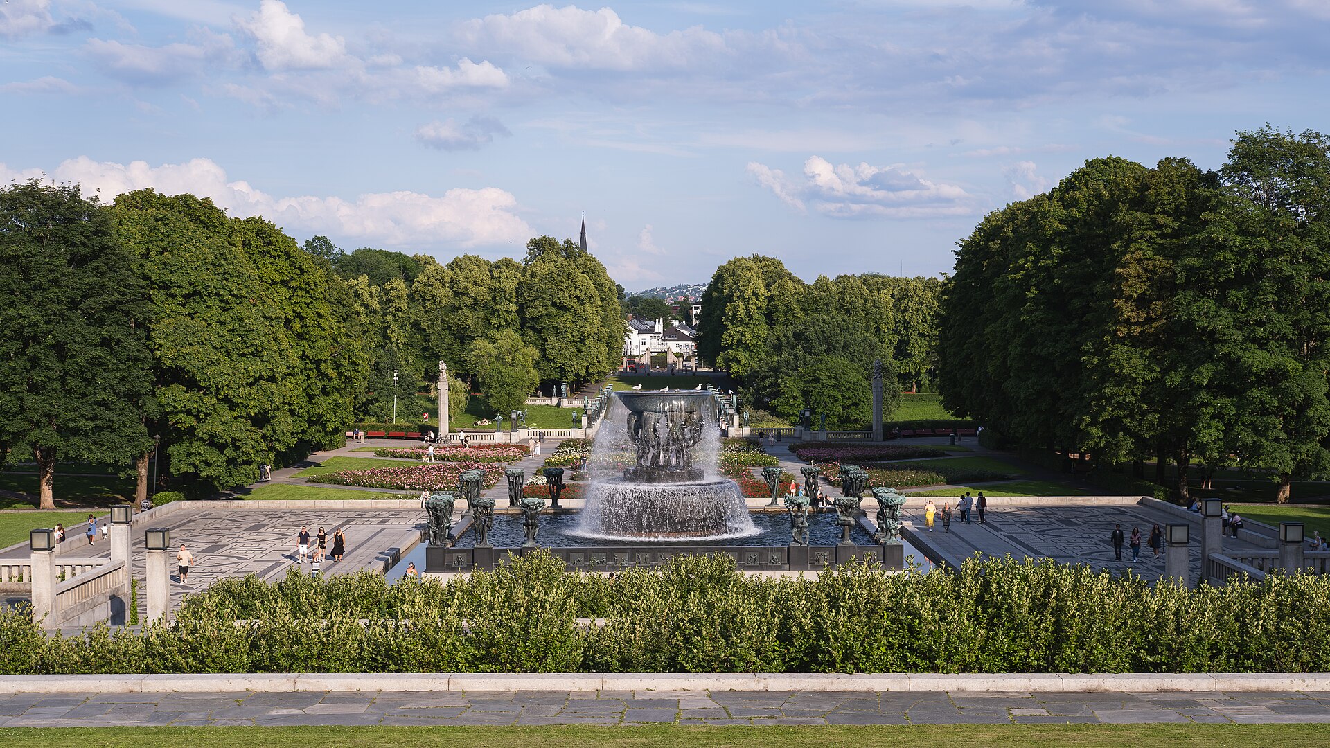 The fountain and main axis of Vigeland Sculpture Park in Oslo, open free of charge at all hours
