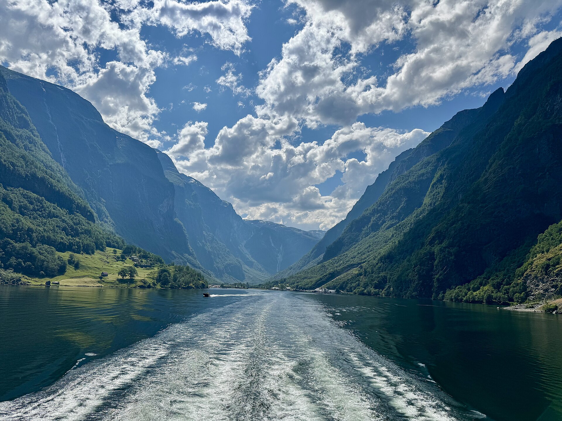 The steep green walls of the Nærøyfjord seen from the water in summer, western Norway