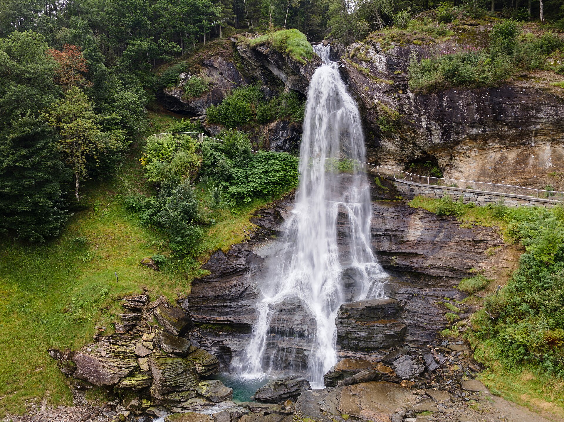 Steinsdalsfossen waterfall at Norheimsund, Norway, with the path that runs behind the falling water