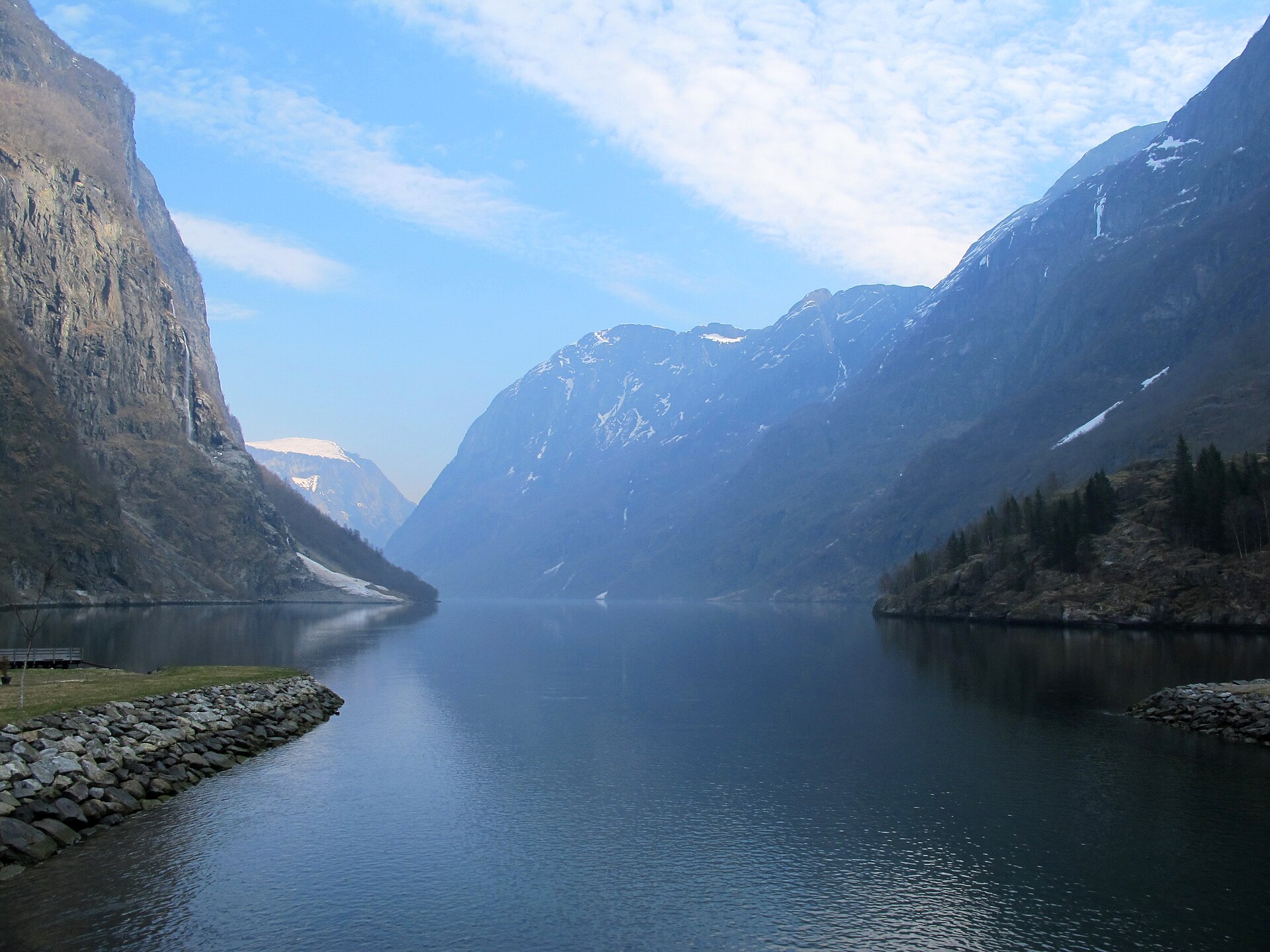 The Nærøyfjord narrowing between steep walls