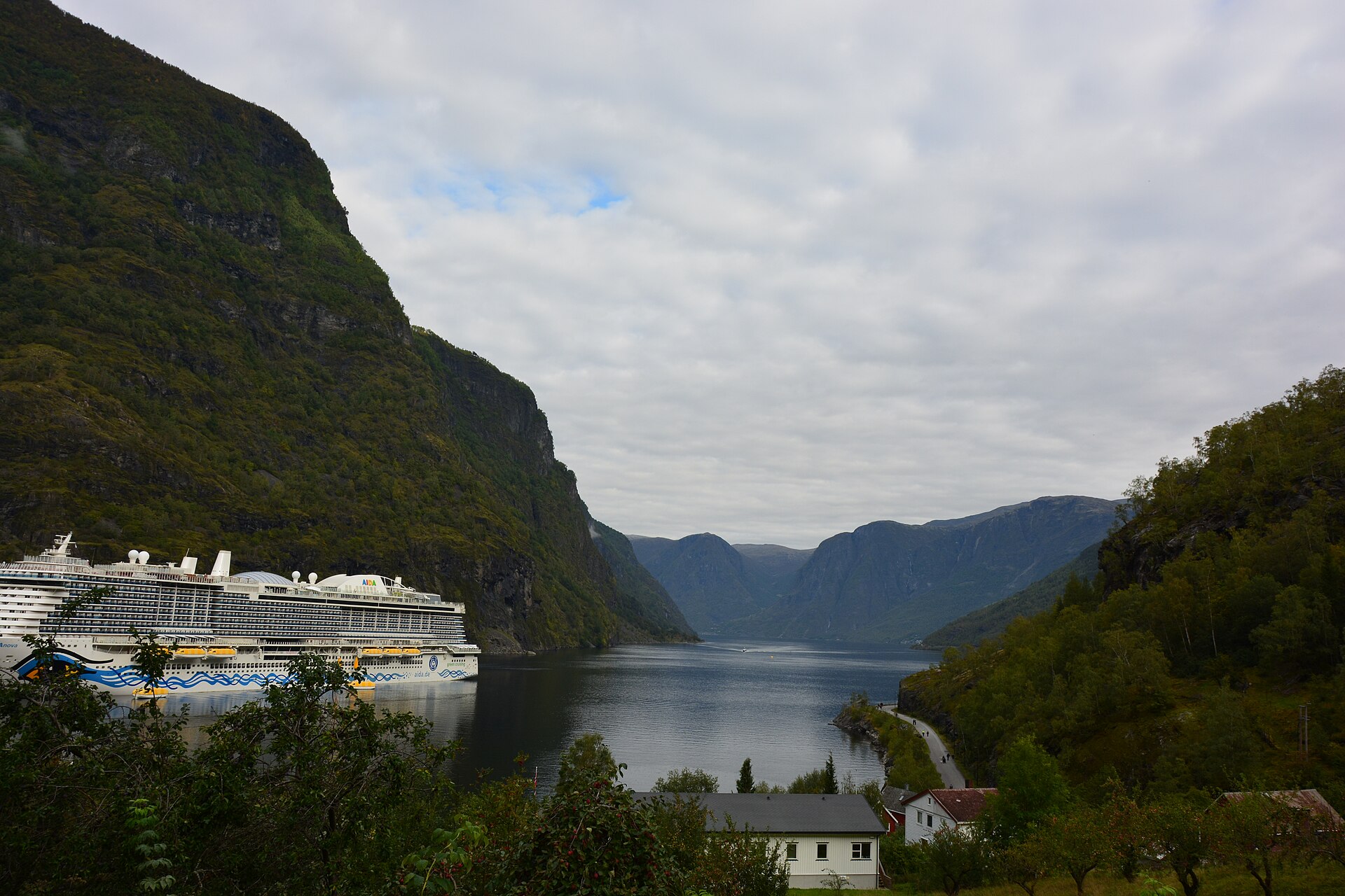 A cruise ship berthed at Flåm on the Aurlandsfjord